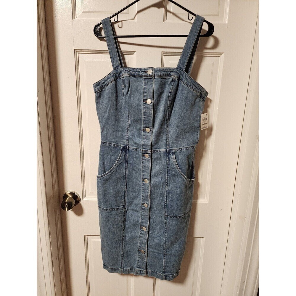 On 34th Women's Denim Pinafore Button-Adjustable Straps Dress Medium
